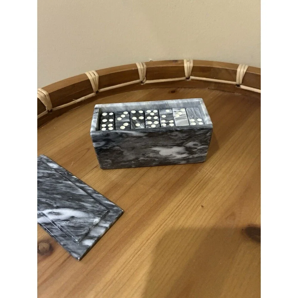 VTG Grey Marble DOMINOES SET w Case Box Complete 28 Dominos